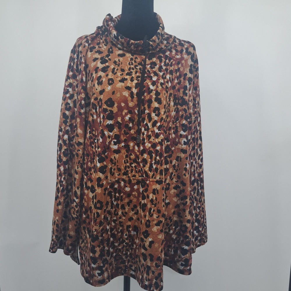 Susan Graver Weekend Leopard Print Funnel Neck Pullover Top 1X Animal Print Cozy